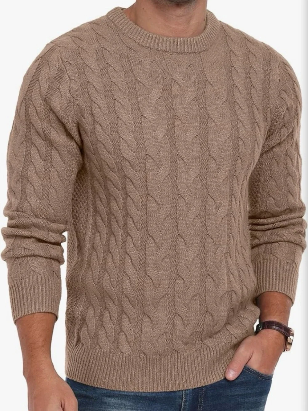 Men's Cable Knit Crewneck Sweater in Khaki